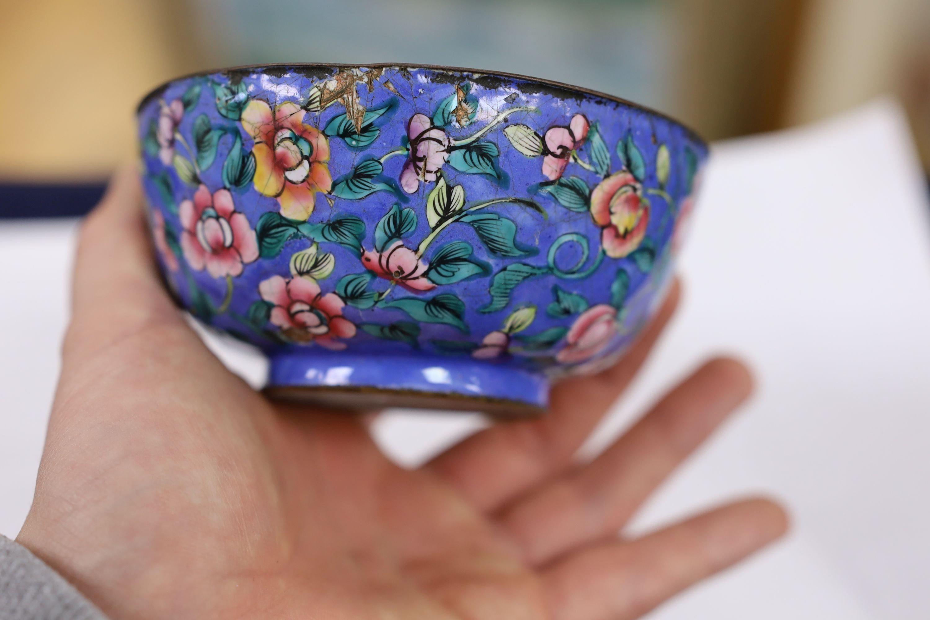 A Chinese bowenite jade figure of a lady, a Canton enamel bowl and a Jun type bud vase, tallest 20 cm high